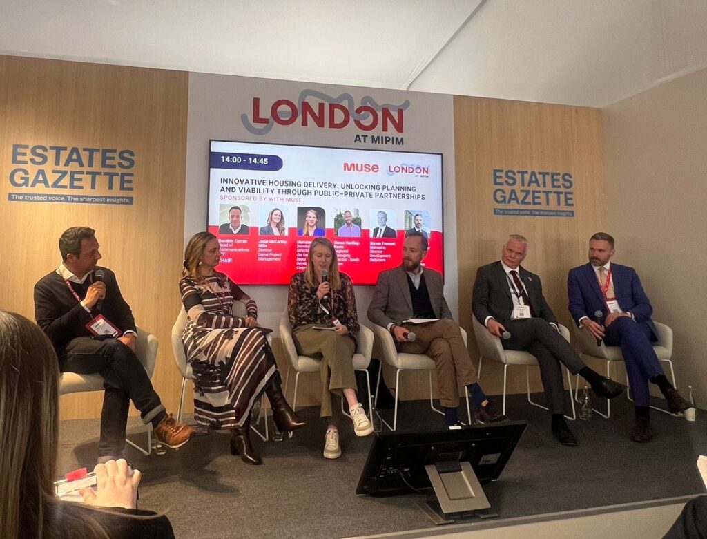 Panellists taking part in a discussion at the London Stand at MIPIM 2026.